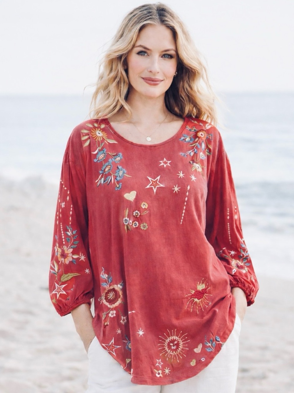 Johnny Was Maris Knit Top Tunic XL Embroidered Boho Peasant Celestial Festival